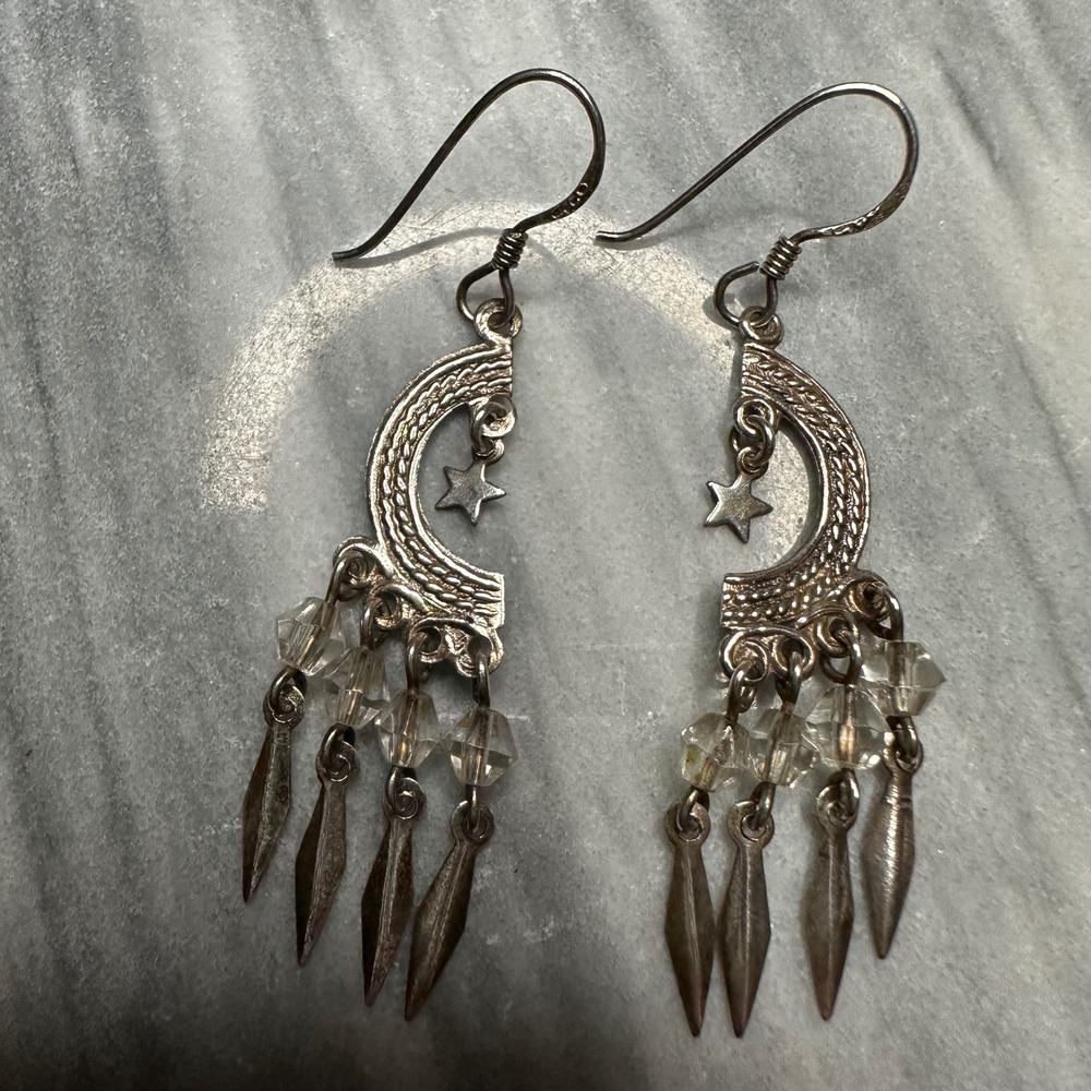 Sterling Silver 925 Celestial Crescent‎ Moon Star Chandelier Dangle Earrings